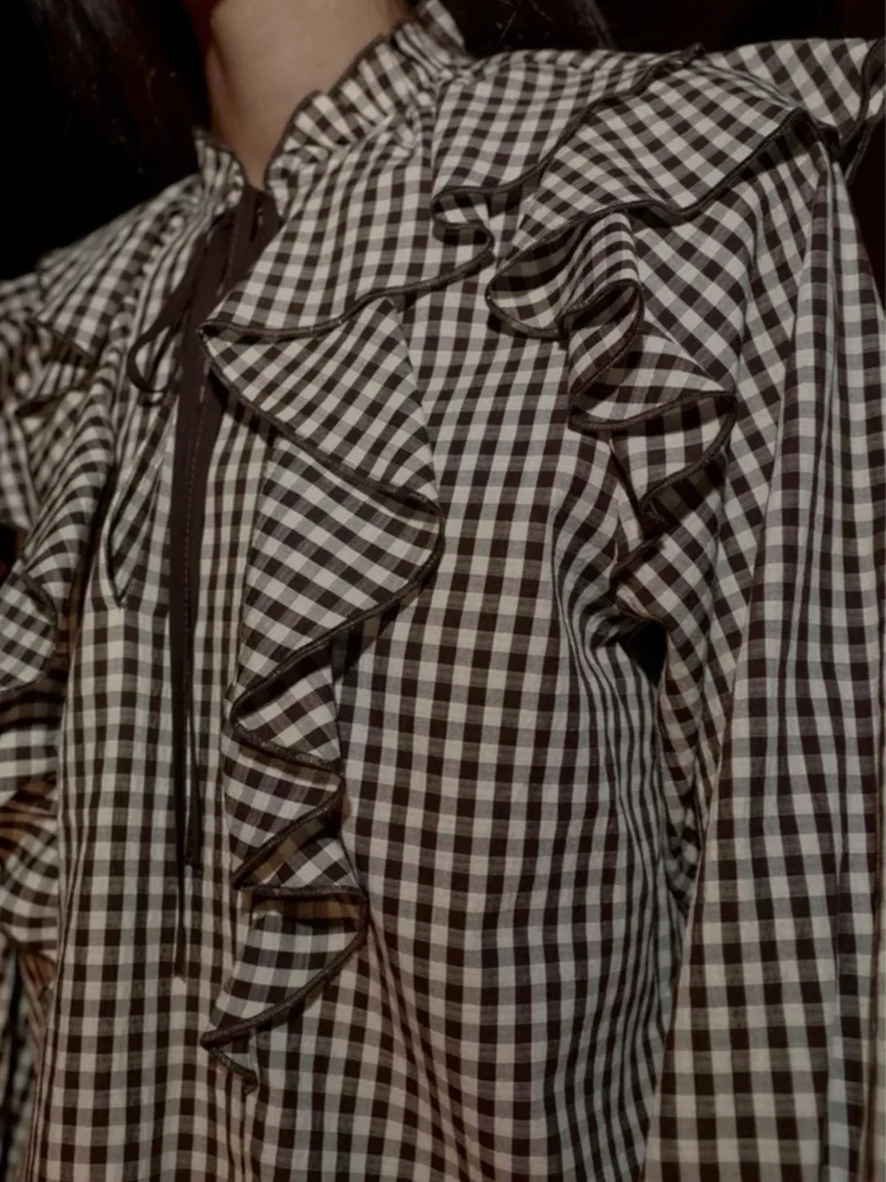 Zara Brown White Gingham Ruffle Shirt Top Sz S - Picture 7 of 14